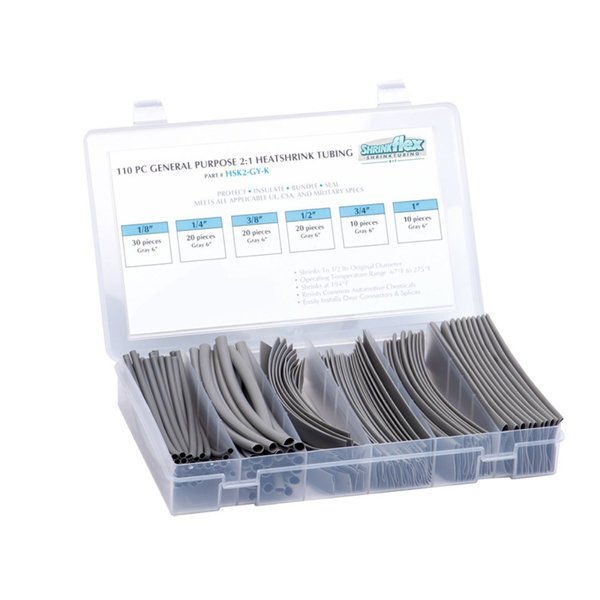 Shrinkflex ShrinkFlex® Heat Shrink Tubing Kit - 2:1 Shrink Ratio - 6 Sizes - 6" Lengths - 110 Pcs Total - Gray HSK2-1-KIT-GY